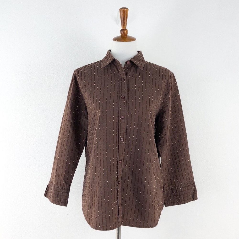 Foxcroft Brown Print Button Front Long Sleeve Top - image 1
